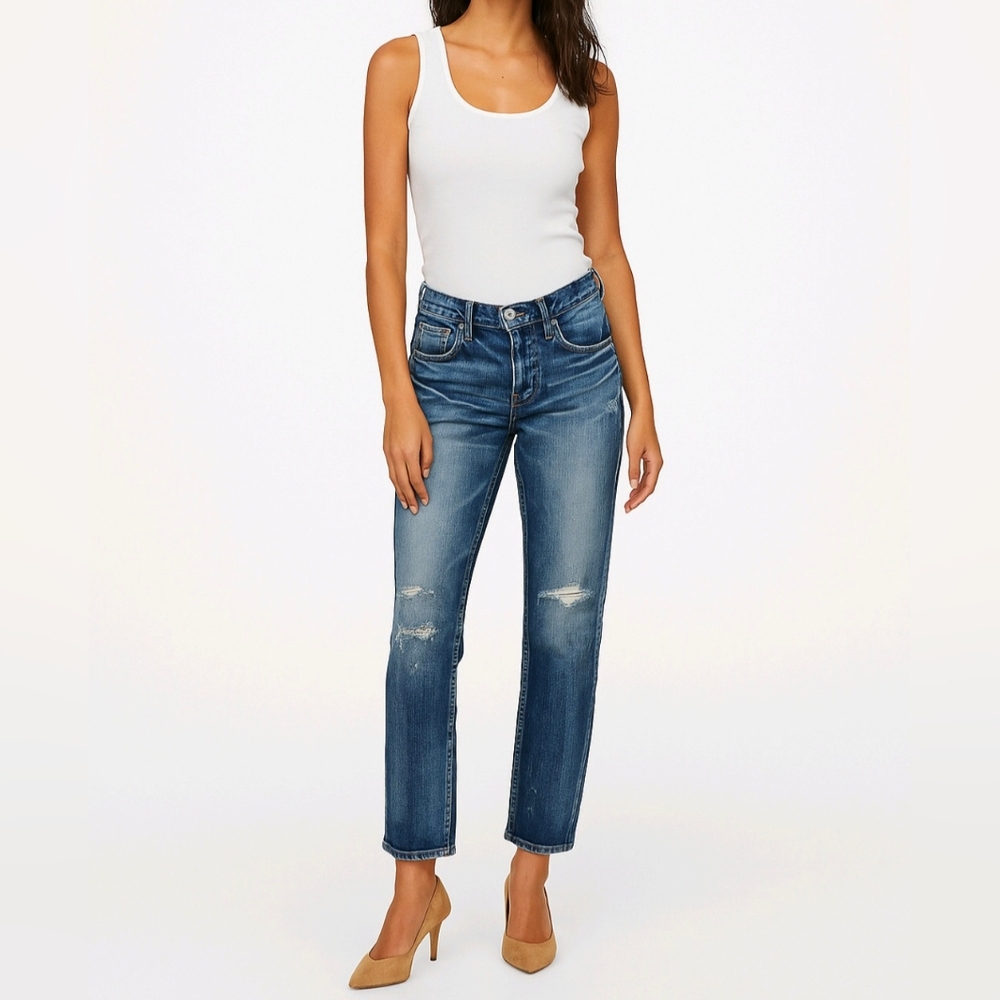 Moussy Vintage Jeans Howa Medium Blue Wash Denim Distressed Patches Size 25